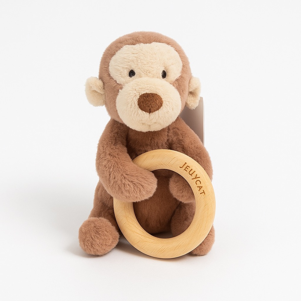 🐵 JELLYCAT Shooshu Monkey Wooden Ring Toy – Baby Teether Rattle – NWT